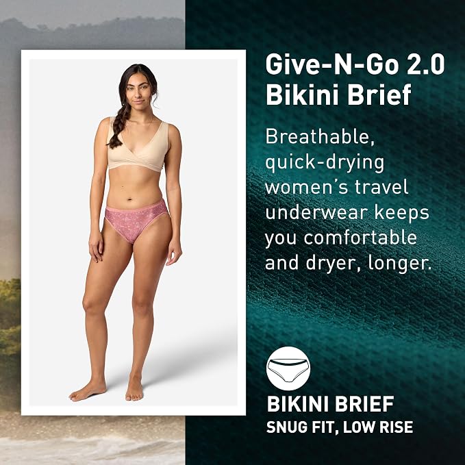A promotional graphic for Give-N-Go 2.0 Bikini Brief travel underwear, showing a woman modeling a beige bra and pink patterned briefs on the left, with product text and a dark teal textured background on the right.