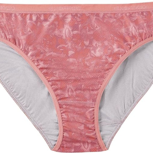 Pink and gray patterned bikini briefs with a textured mesh-like fabric and solid gray lining, shown against a plain white background.