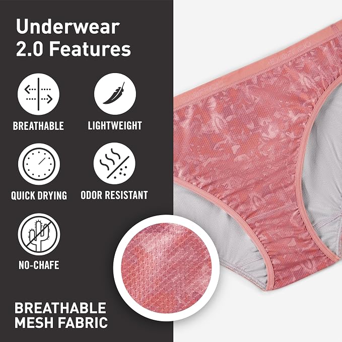 Pink patterned mesh underwear shown on a model's lower torso, with a dark gray feature callout panel listing breathable, lightweight, quick drying, odor resistant, and no-chafe benefits, plus a circular fabric close-up.