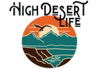 Logo for 'High Desert Life' with mountains, desert, and a bird.