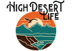 Logo for 'High Desert Life' with mountains, desert, and a bird.