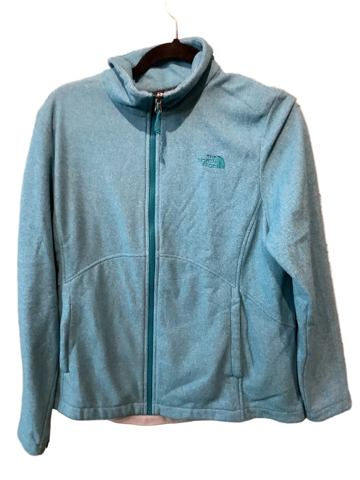 The North Face women's turquoise full zip fleece jacket front