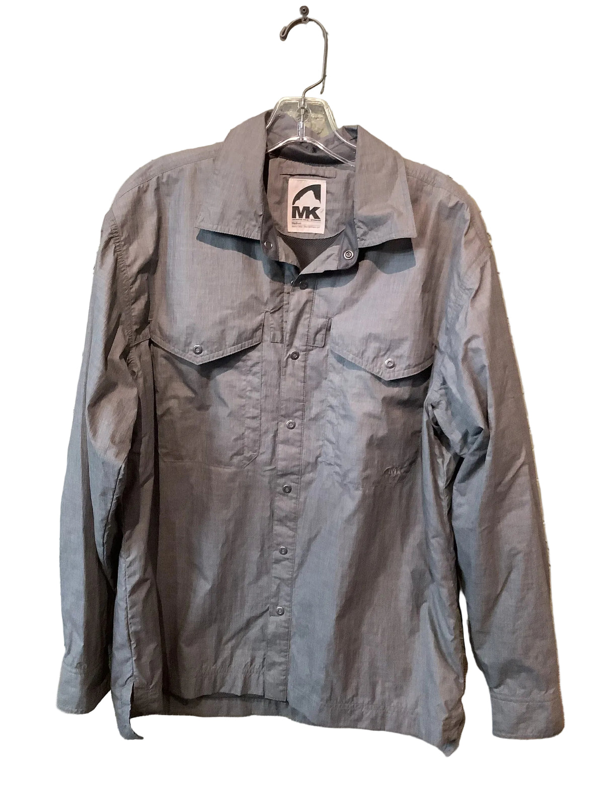 Front of gray Mountain Khakis men's medium snap-front shirt