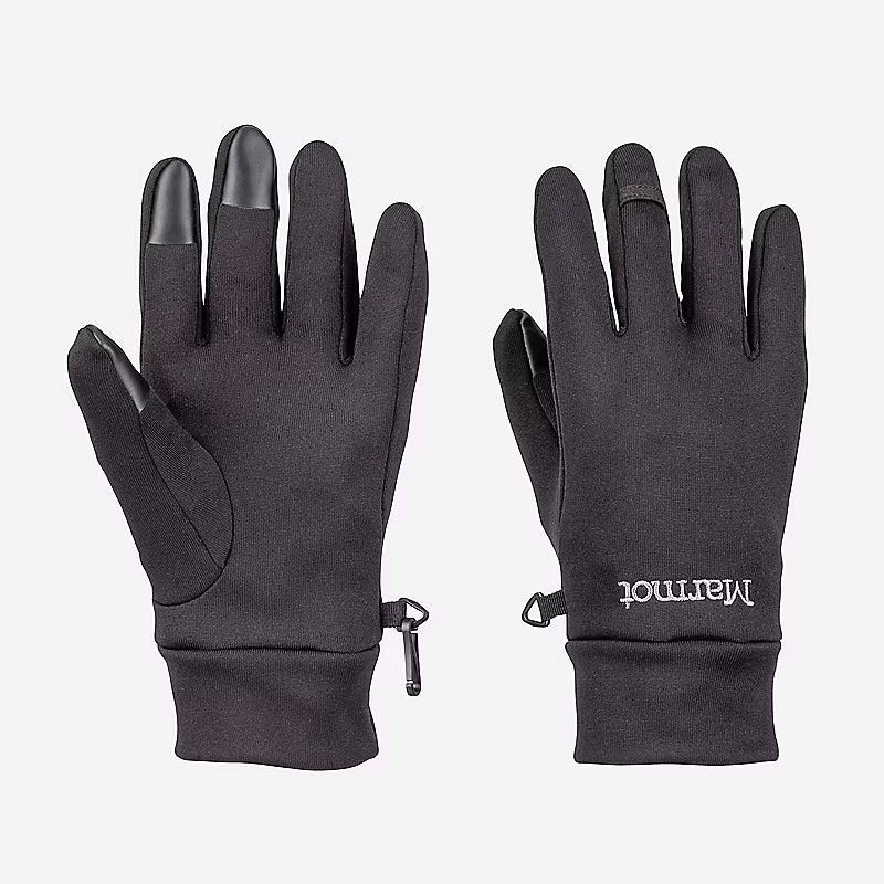 Pair of black gloves with touch screen tips on a white background