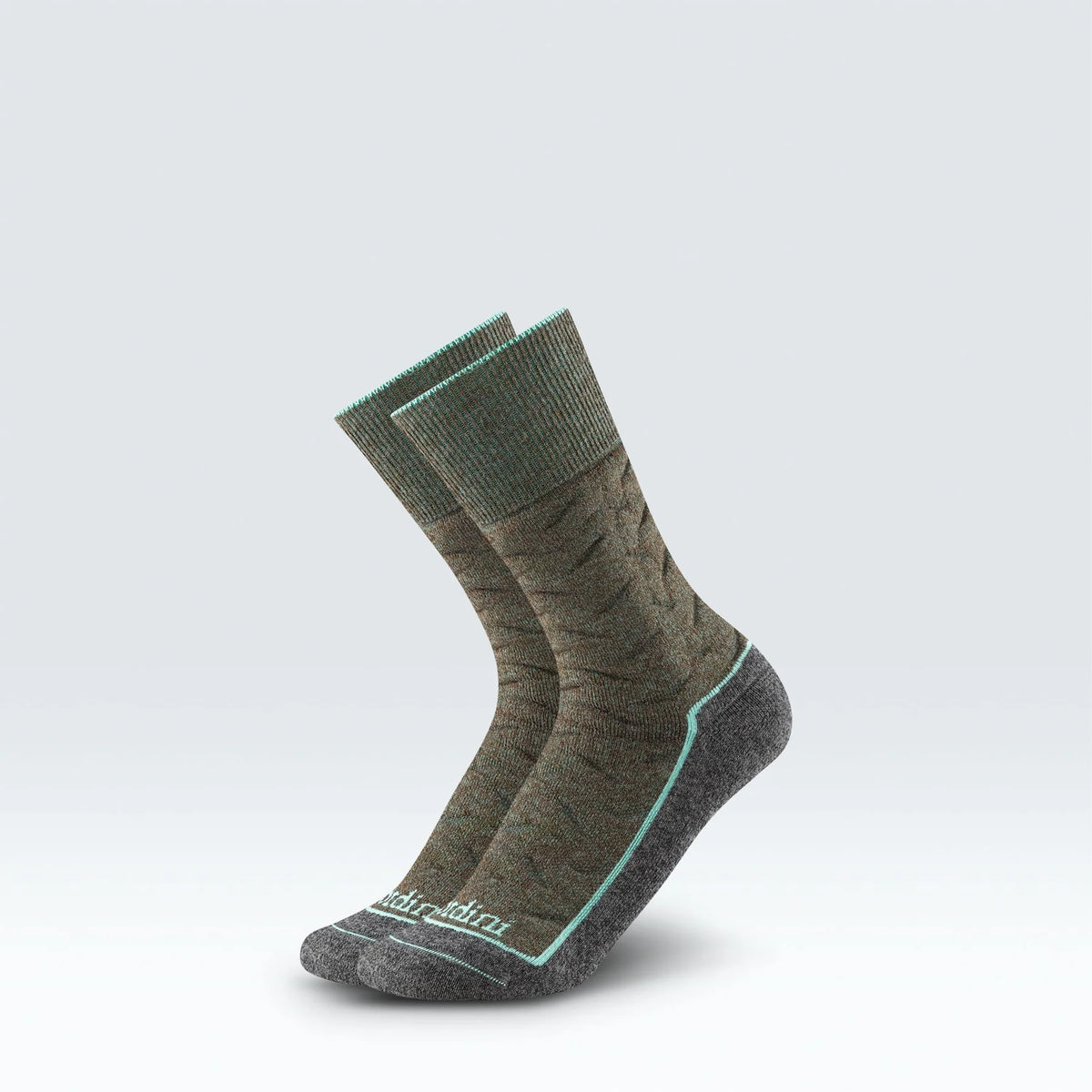 A pair of crew socks in a textured olive green and dark gray knit, featuring a light teal-green accent line along the sole and toe area, set against a light gray studio background.