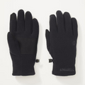 A pair of black fleece winter gloves shown flat against a white background, with one glove displaying the back and the other showing the palm side with a small brand logo and zipper pull.