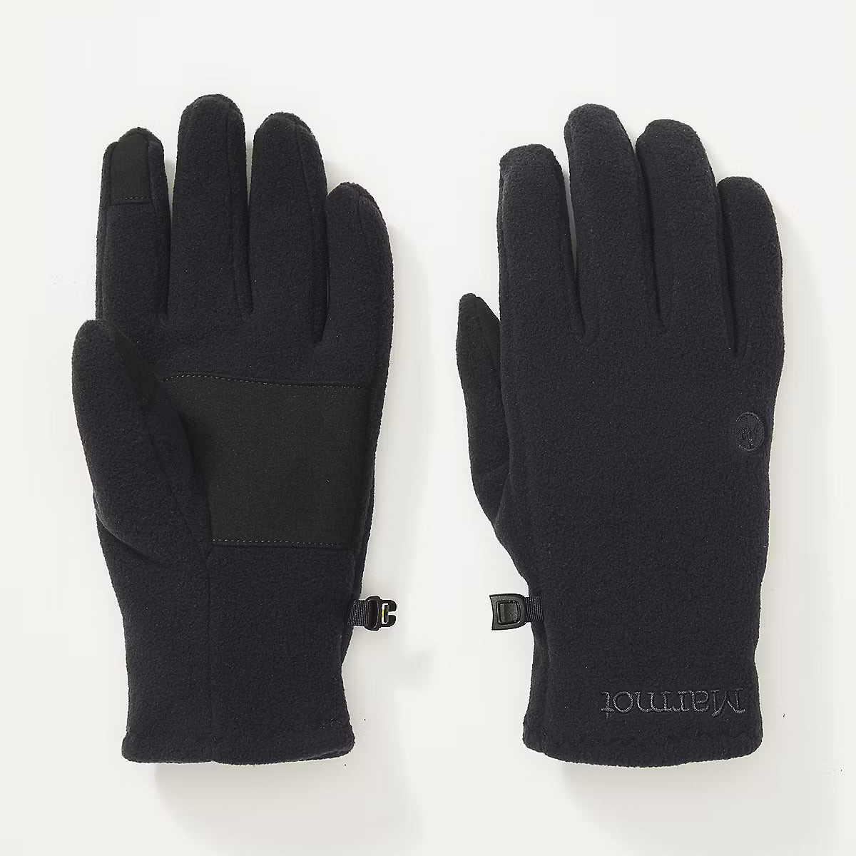 A pair of black fleece winter gloves shown flat against a white background, with one glove displaying the back and the other showing the palm side with a small brand logo and zipper pull.