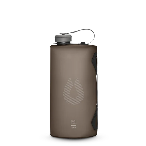 A 2-liter collapsible water bottle in a matte taupe-brown color, featuring a white teardrop logo and a gray cap with a carrying loop, shown on a solid white background.