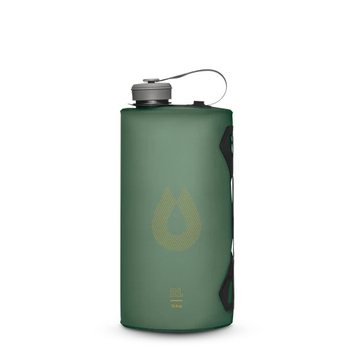 Green water bottle with a logo on a white background