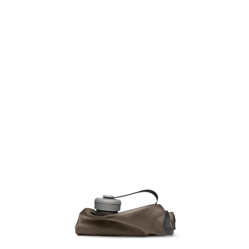 A brown leather pouch with a gray and black flip-top bottle resting on top, photographed against a solid white background.
