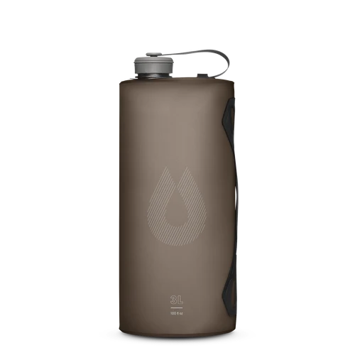 A 2-liter collapsible water bottle in a matte dark brown color, featuring a white line-art teardrop logo on the front, a gray screw cap with a carrying loop, and a side handle cutout, shown on a solid white background.