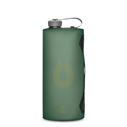 A 2-liter water bottle in a matte dark green color, featuring a gold teardrop logo on the front and a black carrying strap, shown on a plain white background.