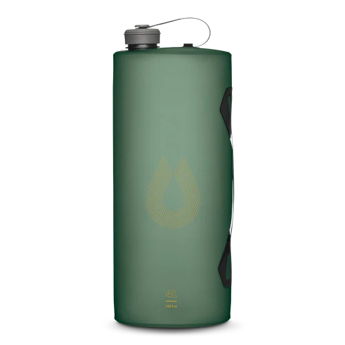Green water bottle with a logo on a white background
