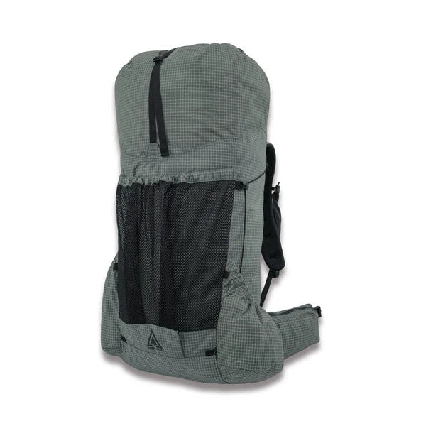 A gray and black hiking backpack shown from the back, featuring a textured fabric body, black mesh side pockets, and a black top zipper, set against a plain white background.