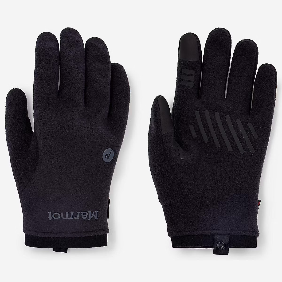Pair of black gloves with brand logo on a white background