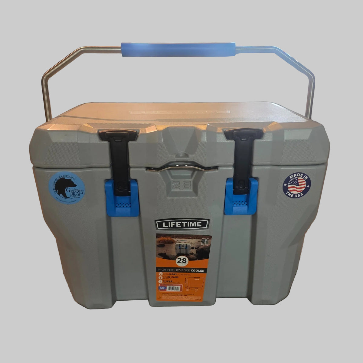 Lifetime 28 quart gray cooler front and raised carry handle
