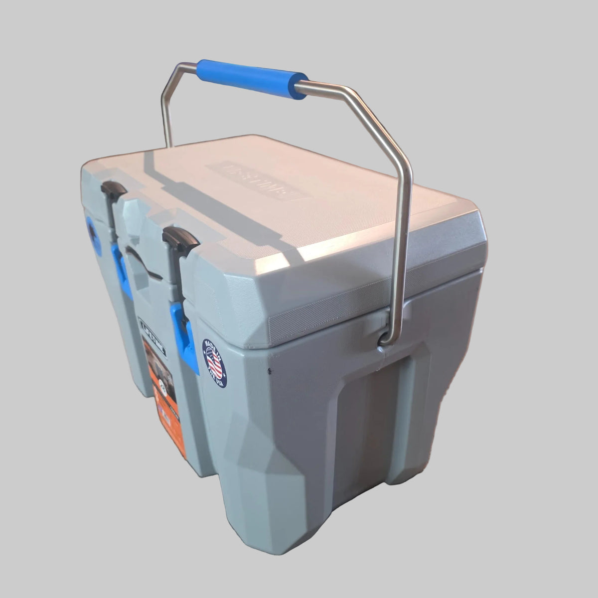 Lifetime 28 quart cooler side and blue grip handle