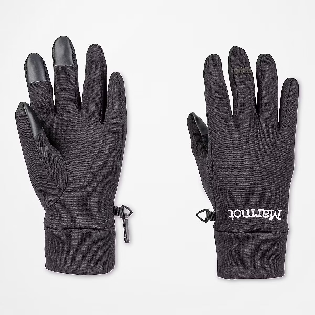 Pair of black gloves with touch screen tips on a white background