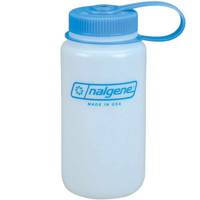 A translucent light blue Nalgene water bottle with a matching blue screw cap and carrying loop, featuring the blue Nalgene logo and 'MADE IN USA' text on the front, set against a plain white background.