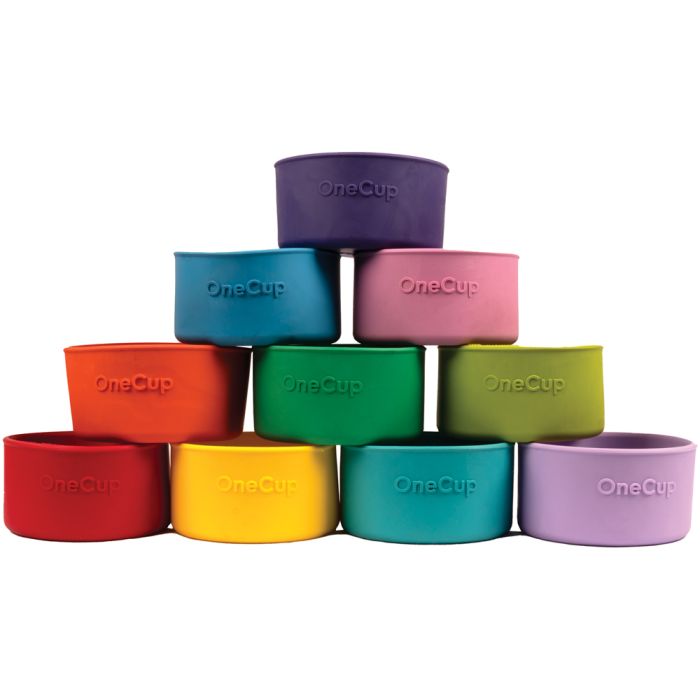 A pyramid arrangement of ten OneCup silicone pet bowls in various vibrant colors, including purple, blue, pink, orange, green, yellow, red, and lavender, on a solid white background.